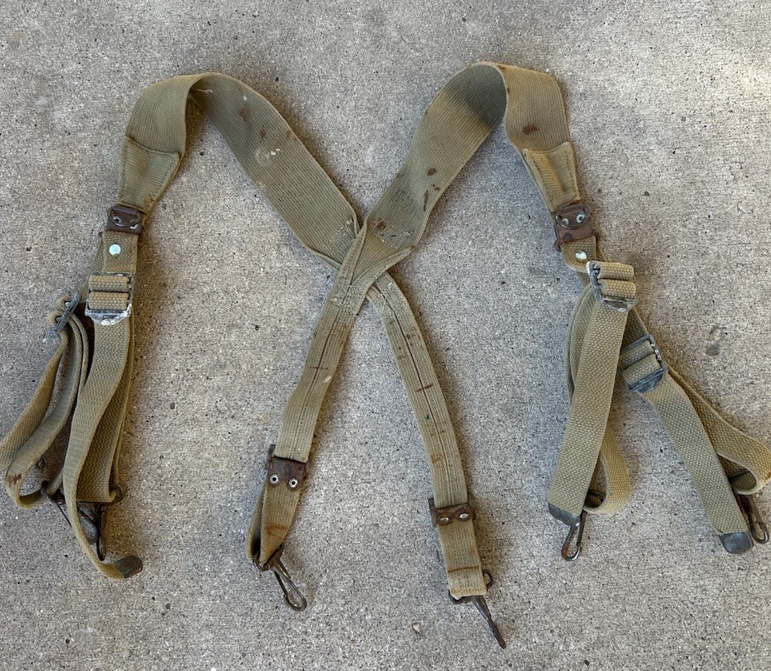 Original 1940s WWII US GI ARMY M1936 Adjustable COMBAT SUSPENDERS OD3 / Khaki #3