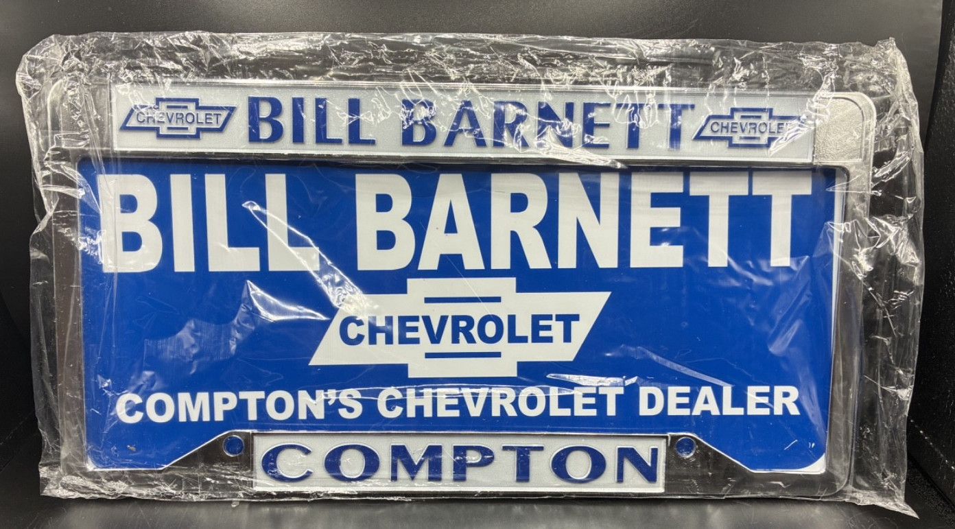 Vintage Bill Barnett Compton, California lChevrolet Metal License Plate Frame