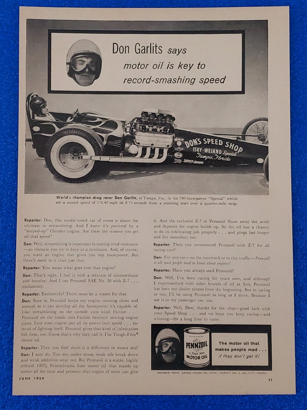 1959 DON GARLITS / PENNZOIL MOTOR OIL VINTAGE PRINT AD NHRA DON'S SPEED SHOP CAR