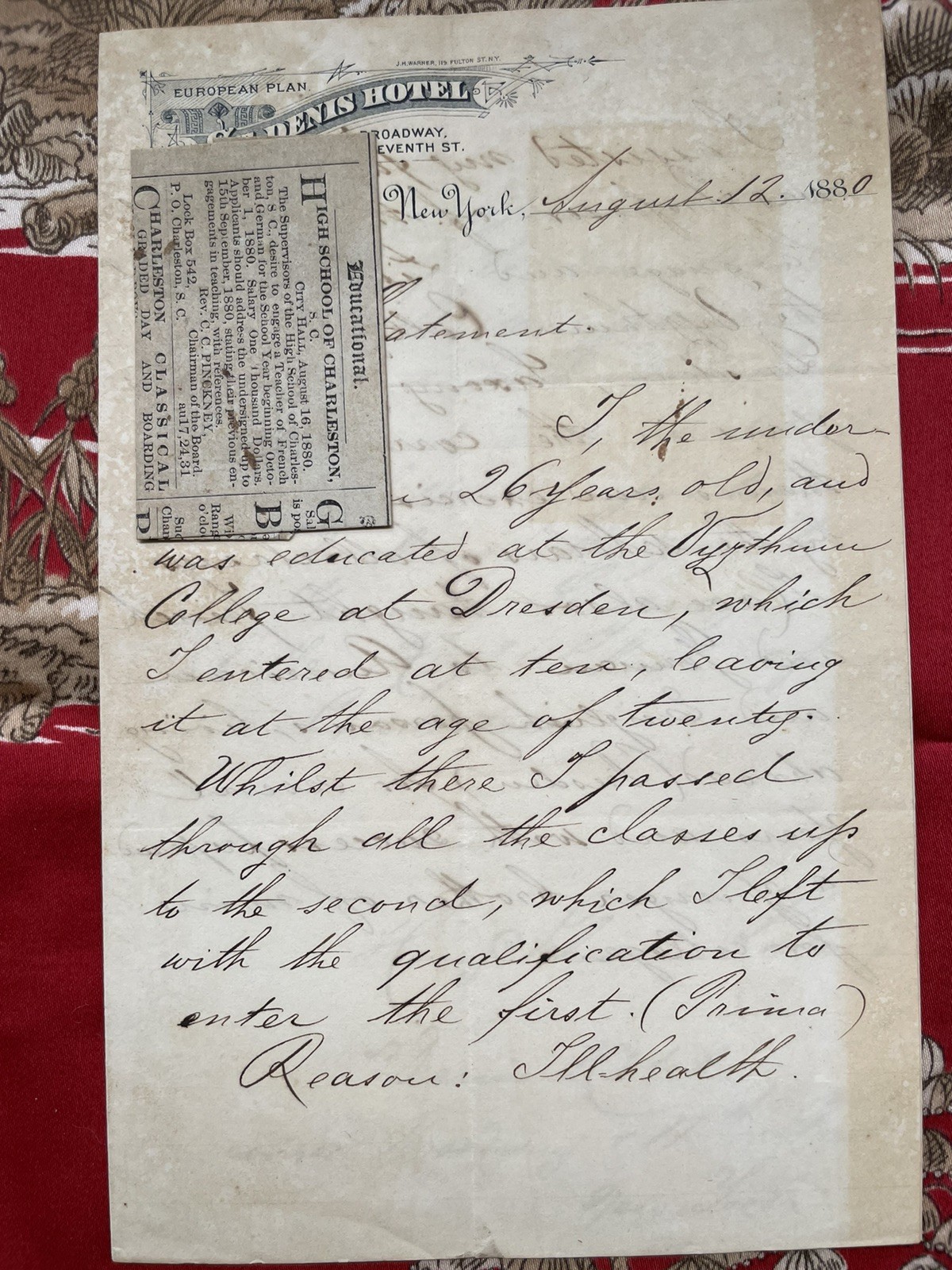 1880 job application:  Wants position of French teacher at HS of Charleston