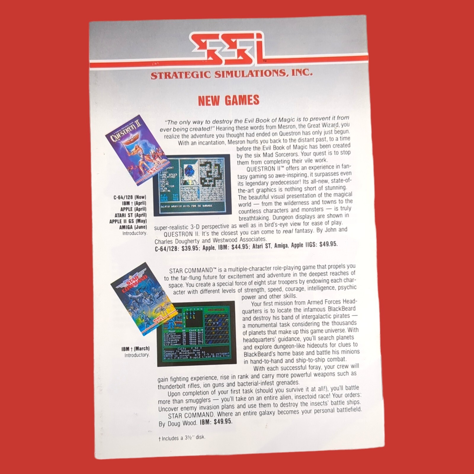 1980s Strategic Simulations Questron II and Star Command PC Box Insert Ad