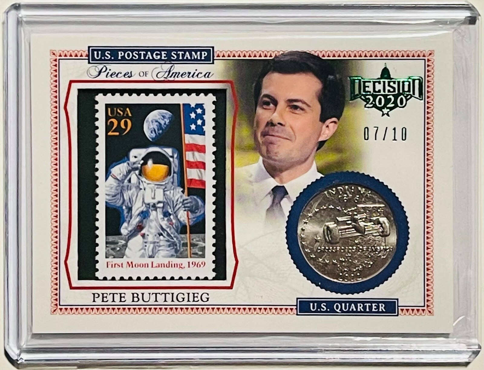 MAYOR PETE BUTTIGIEG 2020 DECISION #/D 7/10 RELIC PIECES OF AMERICA STAMP & COIN