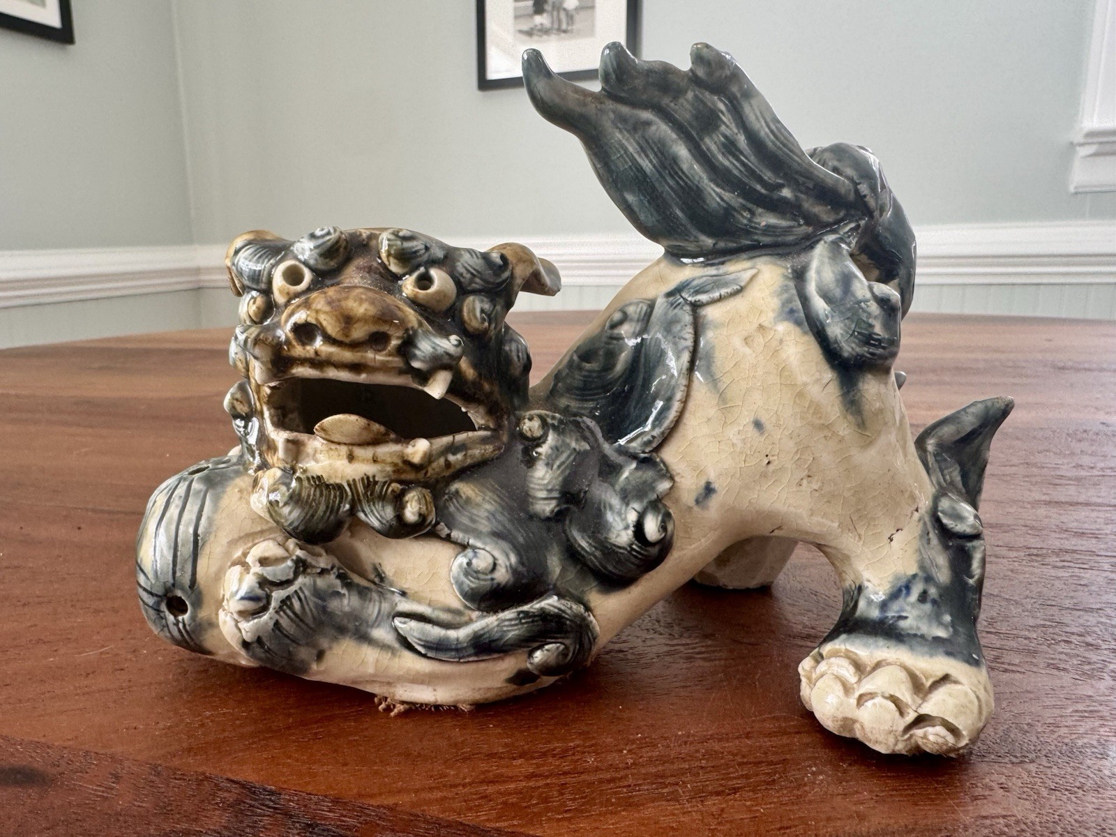 Vintage Chinese Foo Dog Shishi Guardian Lion Glazed Pottery Good Fortune