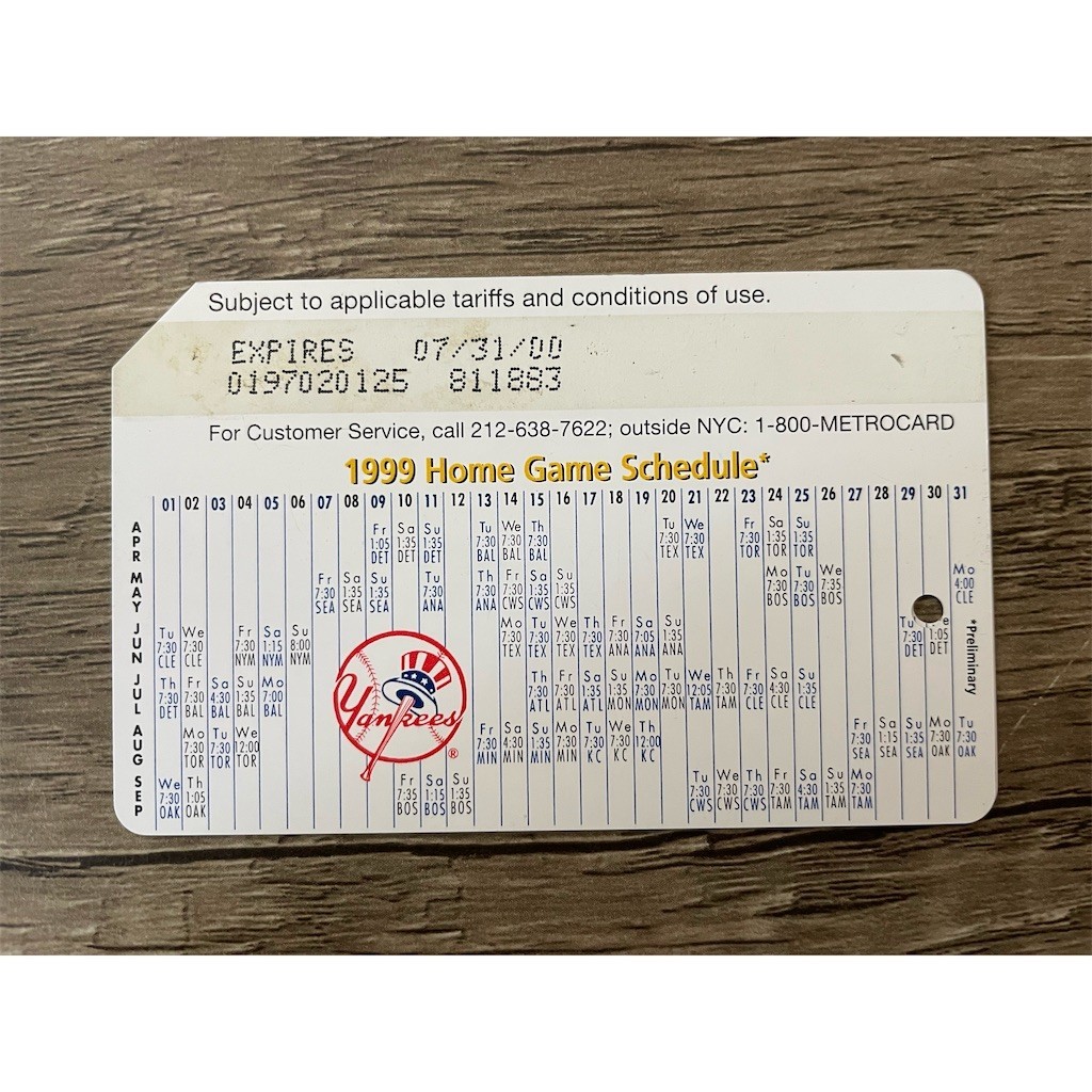 1999 New York Yankees MTA MetroCard NYC Subway Collectible Home Schedule