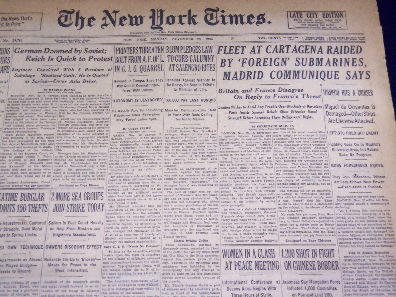 1936 NOV 23 NEW YORK TIMES - FLEET AT CARTAGENA RAIDED BY SUBMARINES - NT 2086
