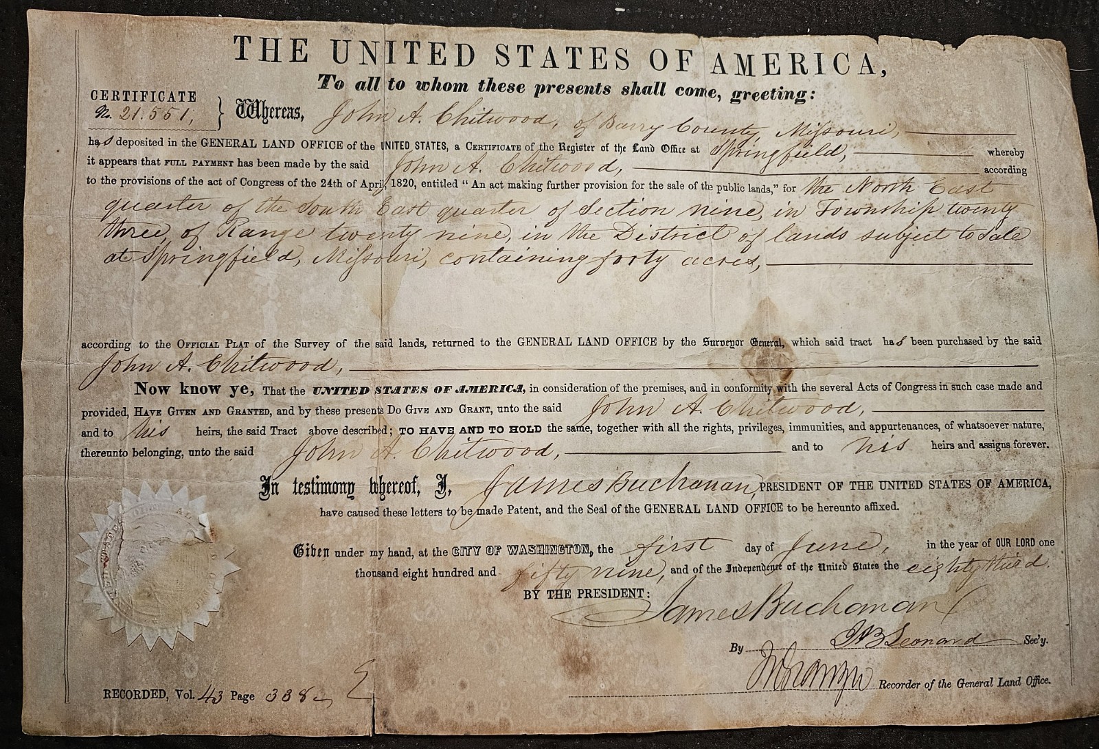PRESIDENT JAMES BUCHANAN LAND GRANT signed BY Special Secretary June 1, 1859
