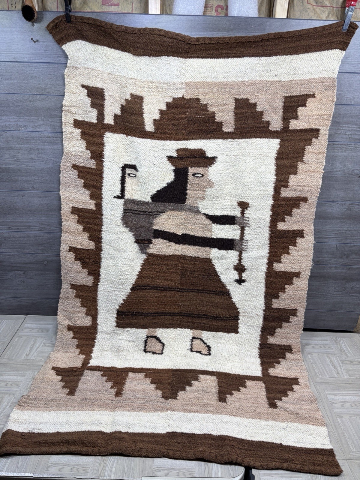 Vintage Hand Made Woven Andean Tapestry Rug Wall Folk Art Mat 40x66 Brown Tan