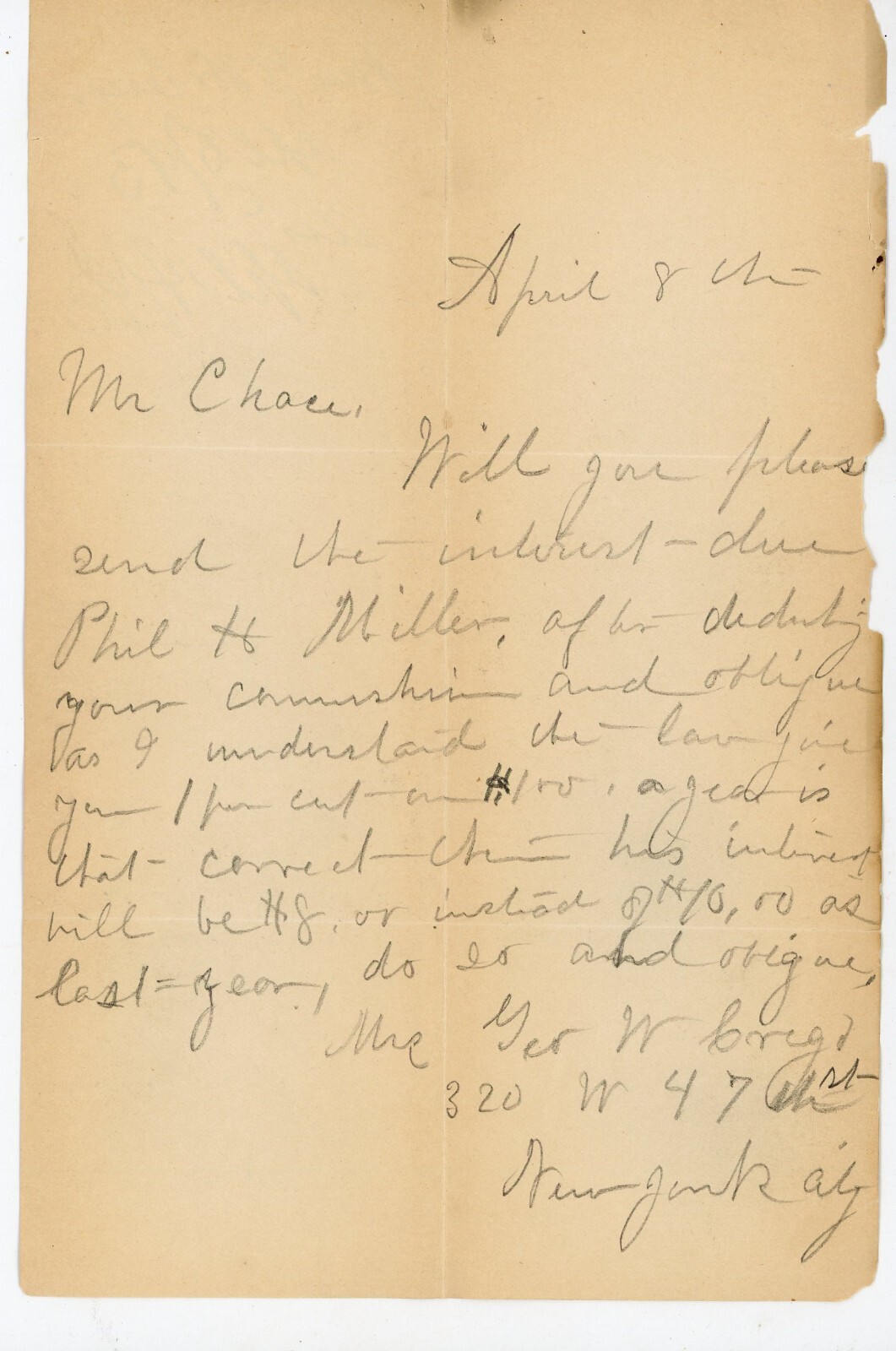 1893 Handwritten Letter NYC Mrs. Geo W. Borgo to Mr. Chase Re: Interest Payment