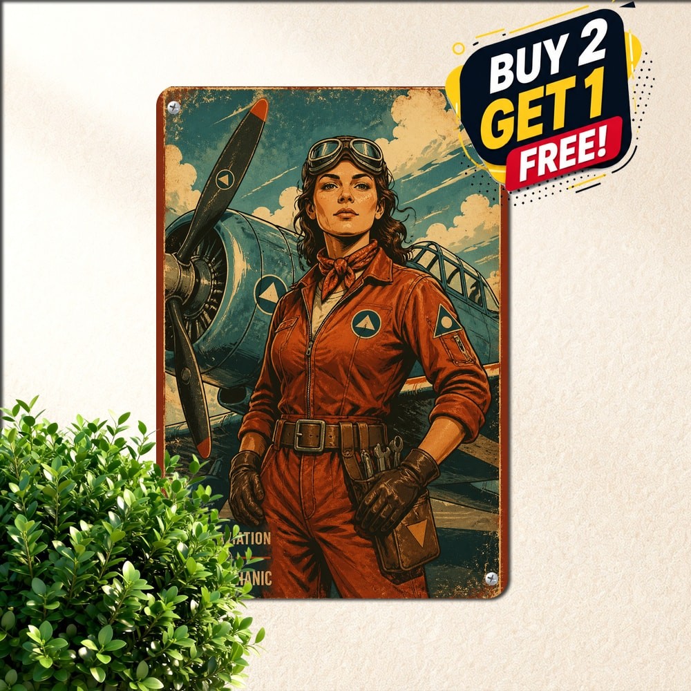 Female Pilot Tin Sign Vintage Aviator Woman Aviation Hangar Metal Wall Plaque