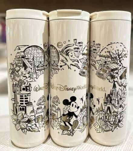 Disney Parks 2023 Mickey 4x Park Icons White Metal Travel Tumbler Cup Starbucks