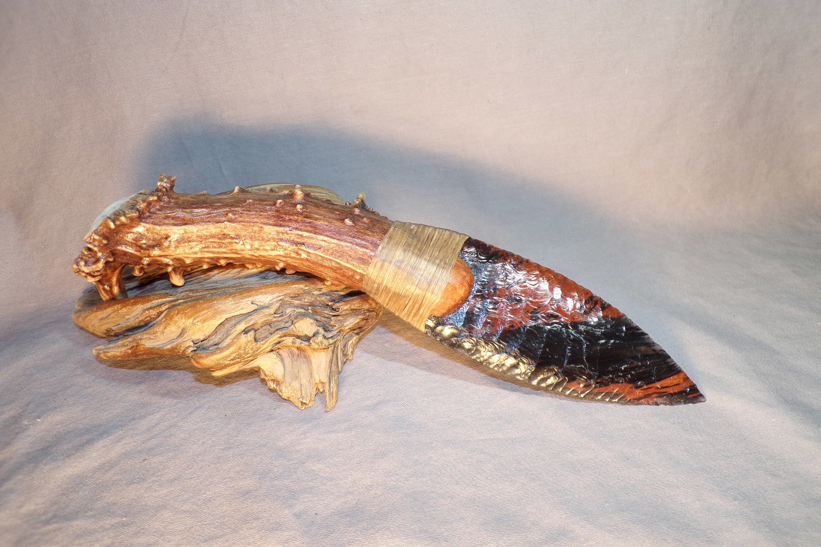 Large Triple Flow Obsidian Paleo Knife Flint Knapping Black Powder Antler Handle