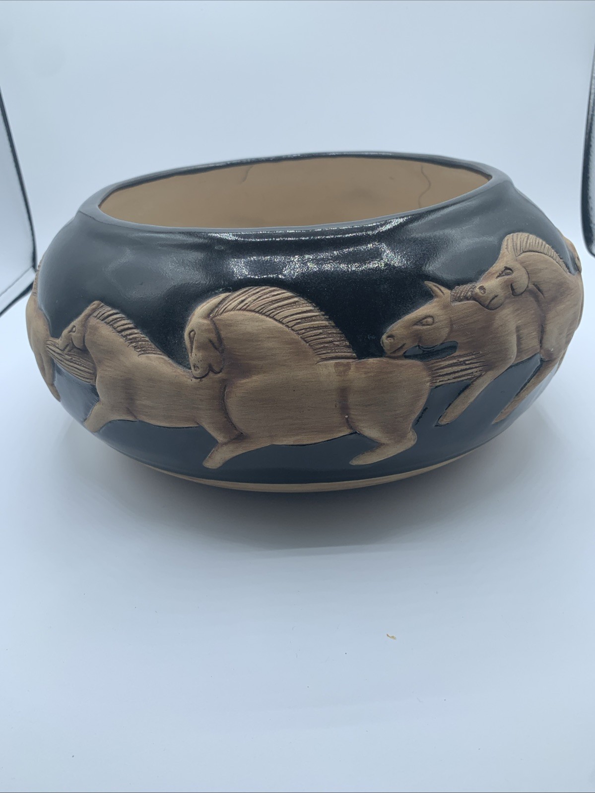 Rare Vintage 1984 Jack Black Navajo Pottery Black Bowl Wild Horses Running