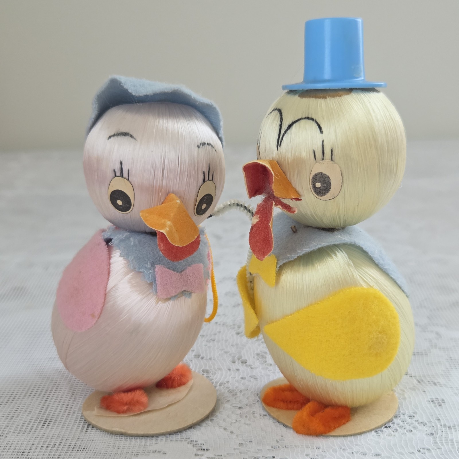Vtg Anthropomorphic Mr. & Mrs. Easter Chicks Satin Ball Felt Pink & Yellow Japan