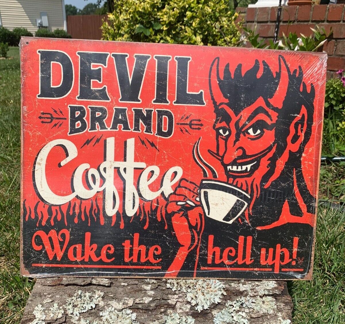 Devil Brand Coffee Wake Hell Up Metal Sign Tin Vintage Garage Bar Old Rustic