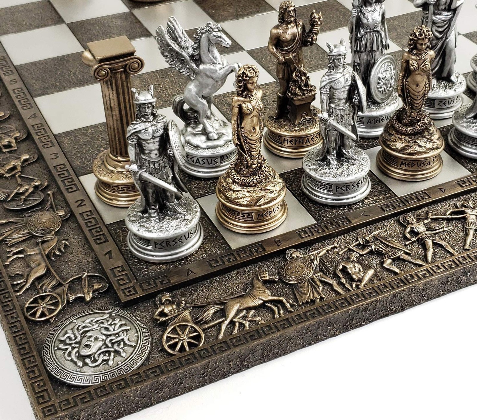Greek Mythology Olympus Gods Zeus vs Poseidon Pewter and Bronze Color Chess S...