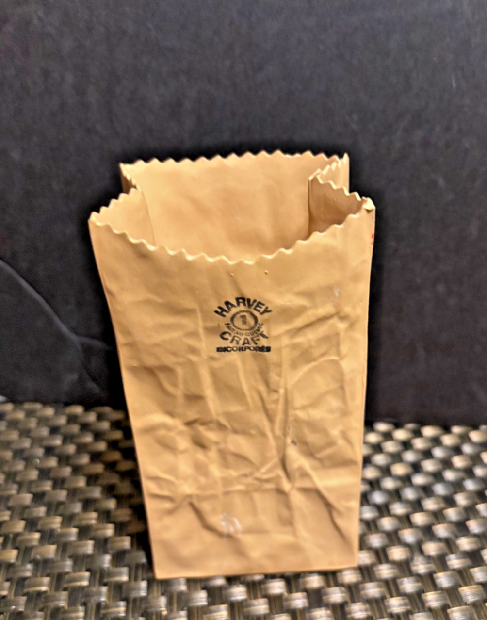Vntg Michael Harvey Ceramic Crinkled Paper Brown Bag Vase, Stamped with Logo