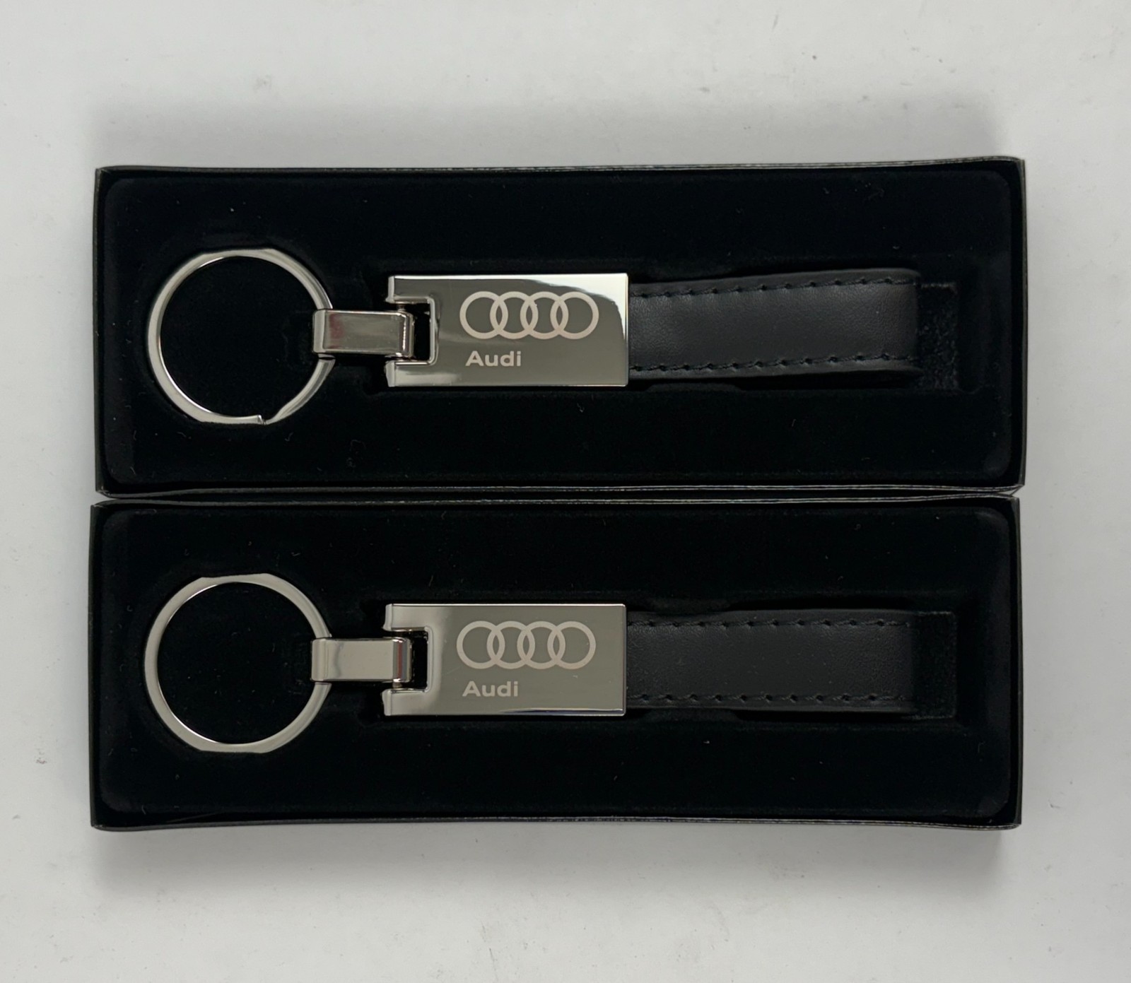 Genuine Audi Leather & Metal Keychain Premium Chrome Key Fob Ring Set of 2