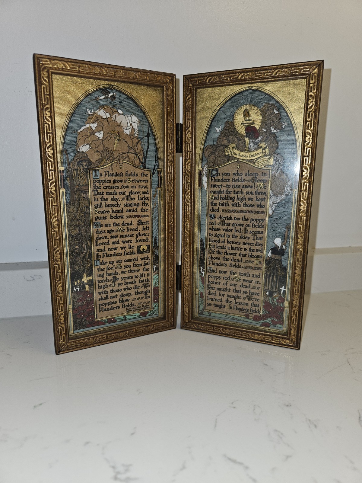 Antique WWI Illuminated Diptych In Flanders Fields & Moina Michael Victory...