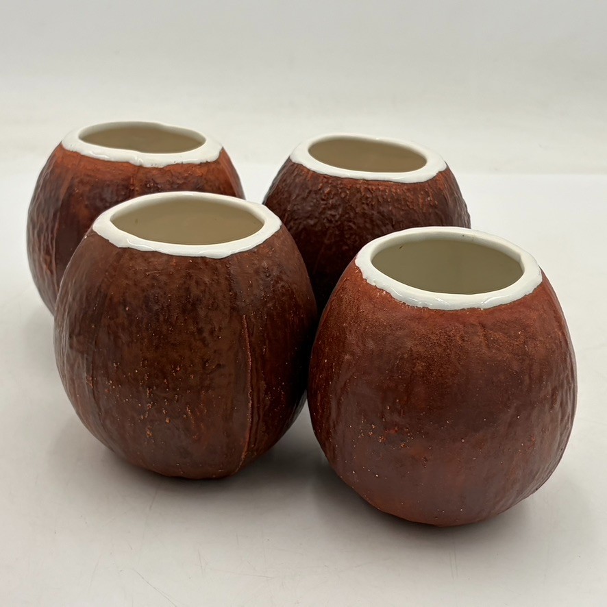 4 Unmarked Ceramic Coconut Mugs Cups USA Barware Tiki Cocktail Party Vtg