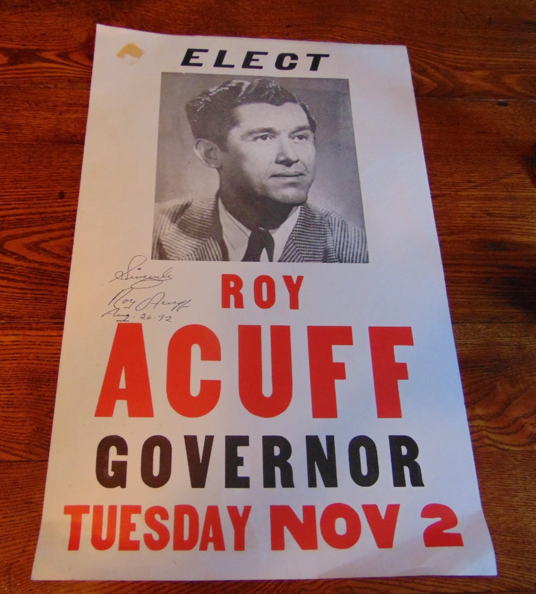 Roy Acuff For Governor Poster 22 X 14