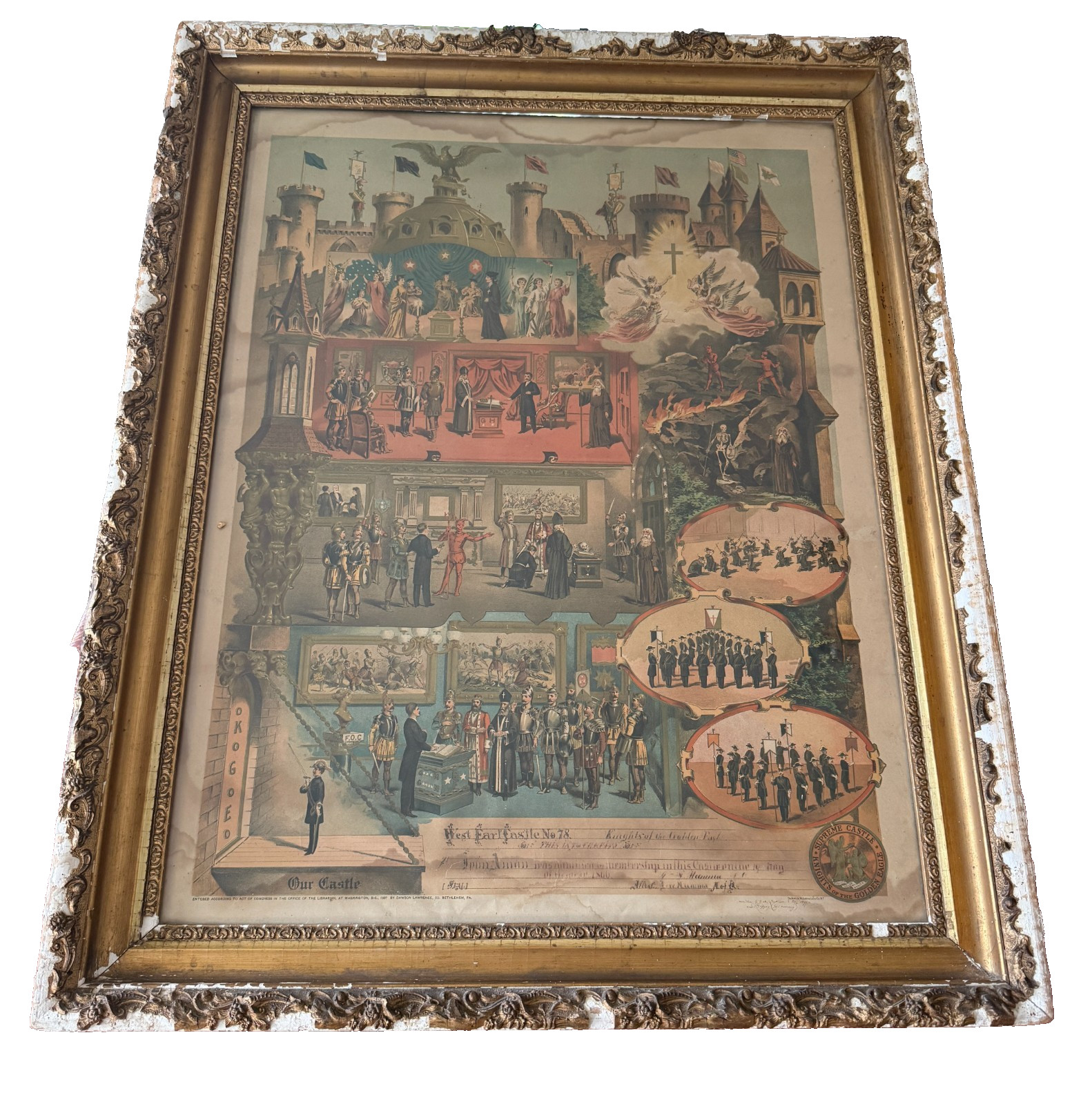 Antique Masonic Odd Fellows Degrees Lithograph Chart in Gilt Frame