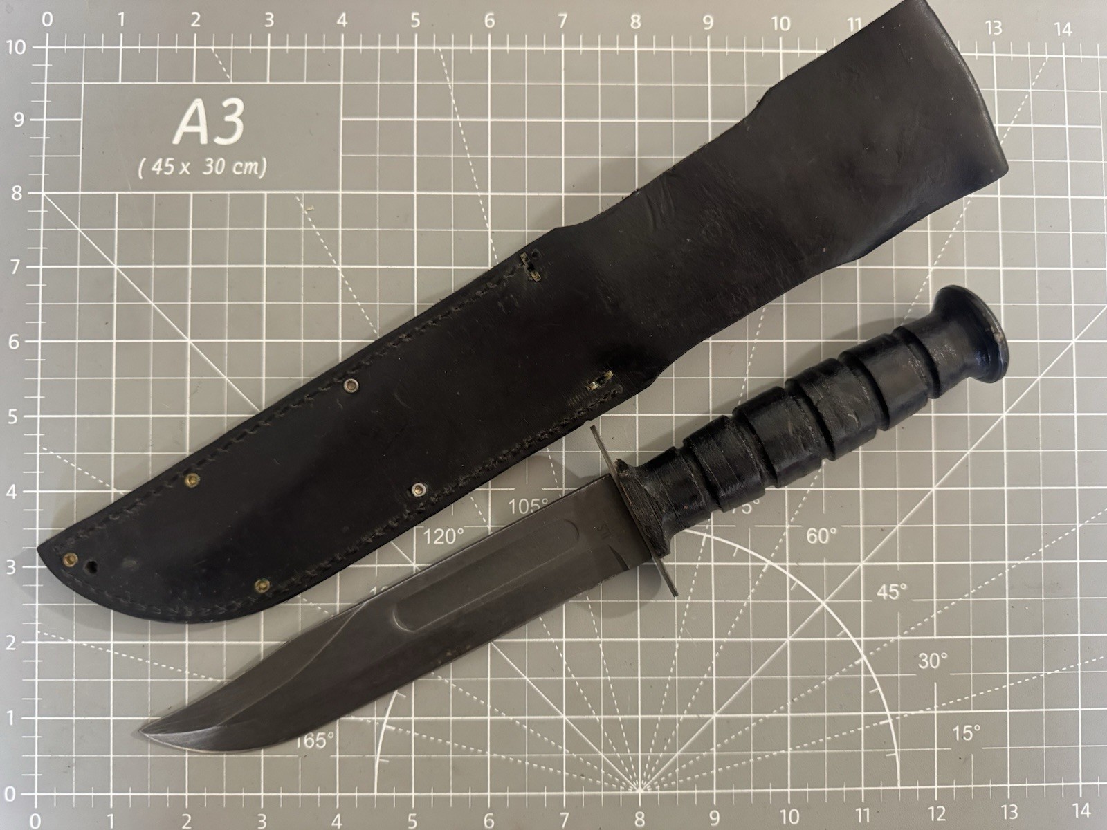 Vintage ONTARIO USA 498 All Black Leather Handle Clip Point Combat Knife wSHEATH