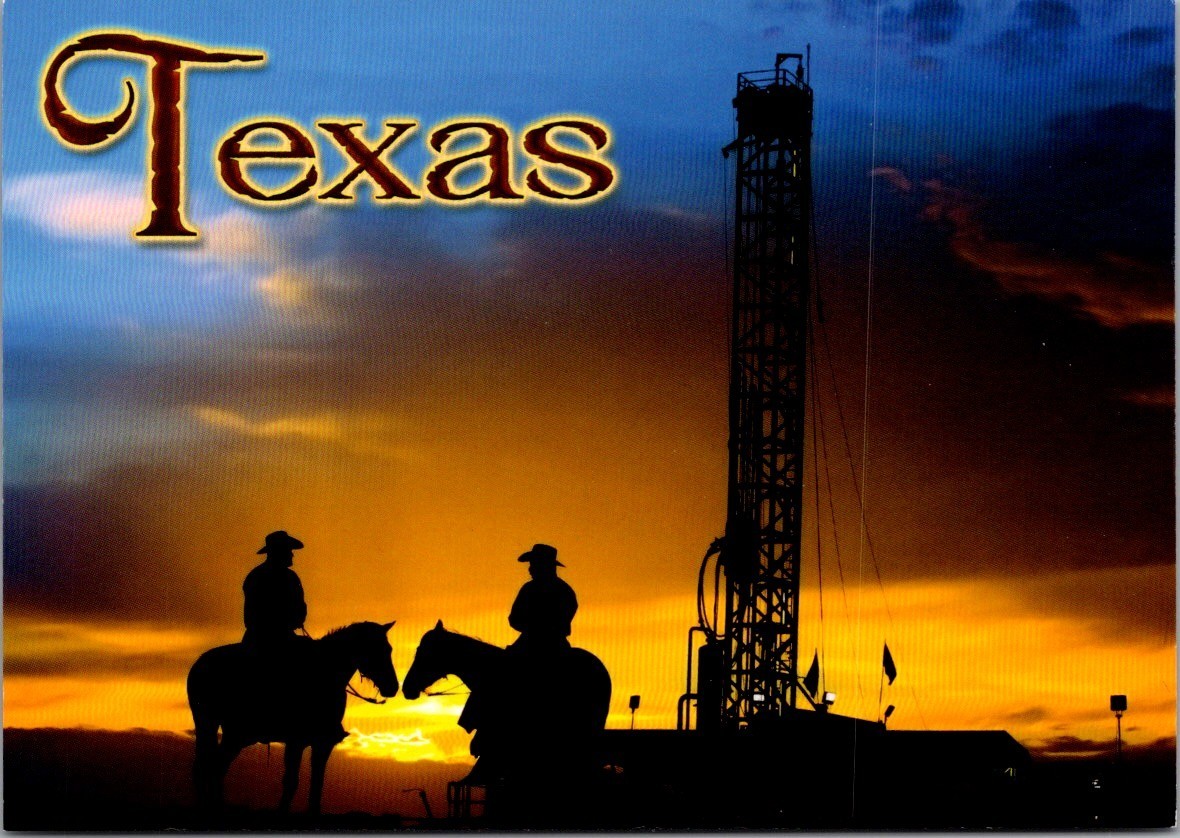 Texas Cowboy Sunset Oil Rig Silhouette Western Ranch Chrome Postcard