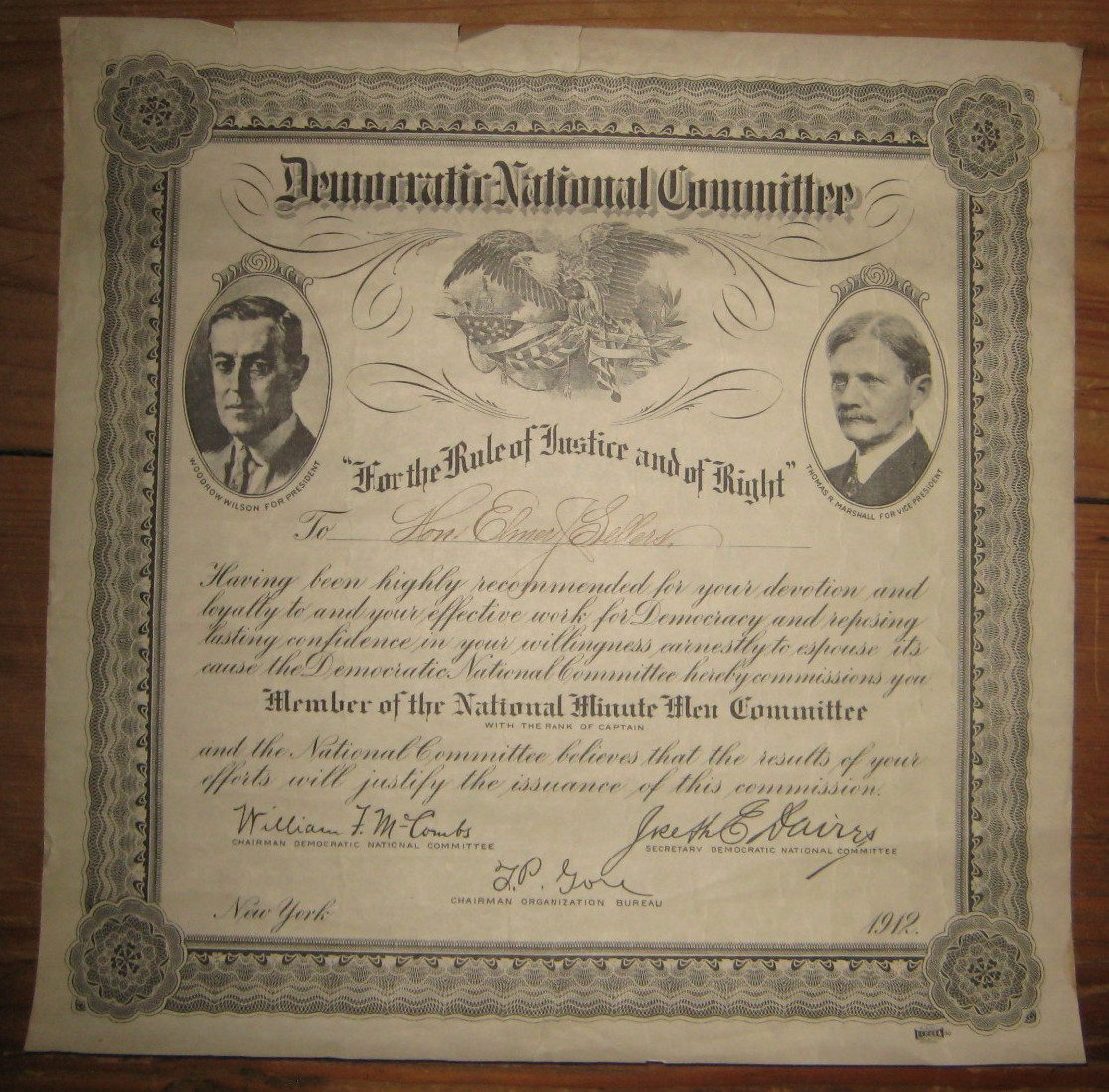 1912, Democratic National Committee, Commission, National Minute Men Captain