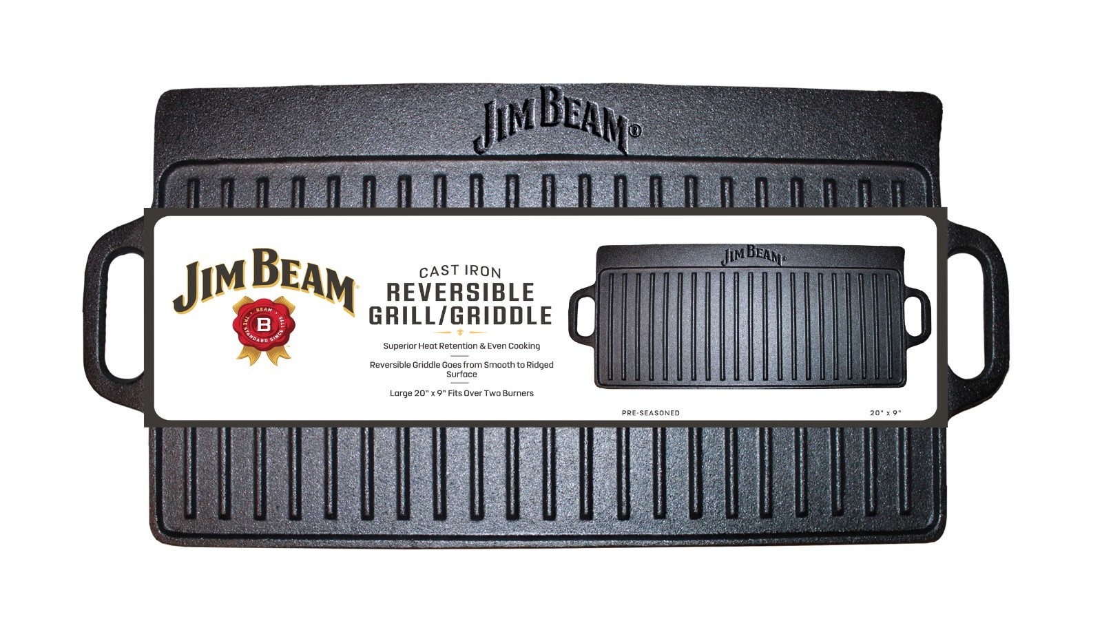 Jim Beam Cast Iron Reversible Grill/Griddle- Two Burner Sized 20” x 9”