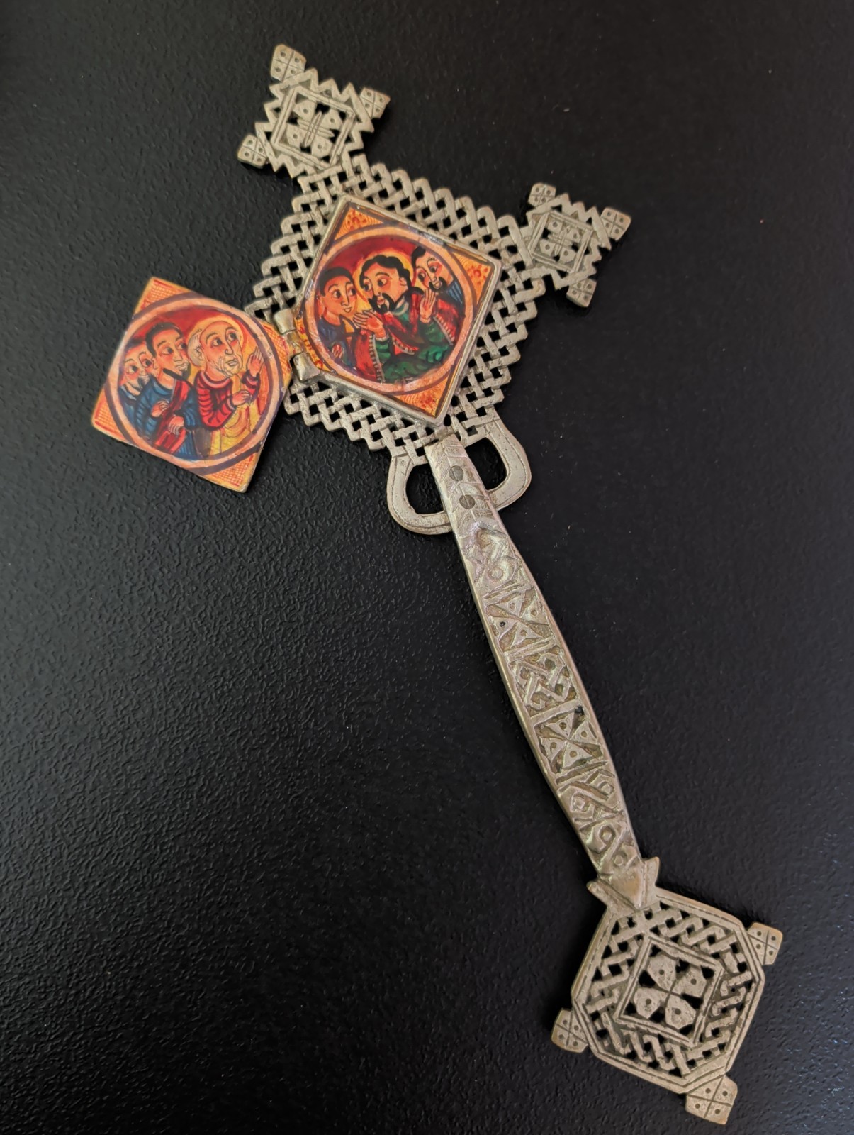 Vintage Ethiopian Orthodox Processional Handheld Painted Icon Blessing Cross 
