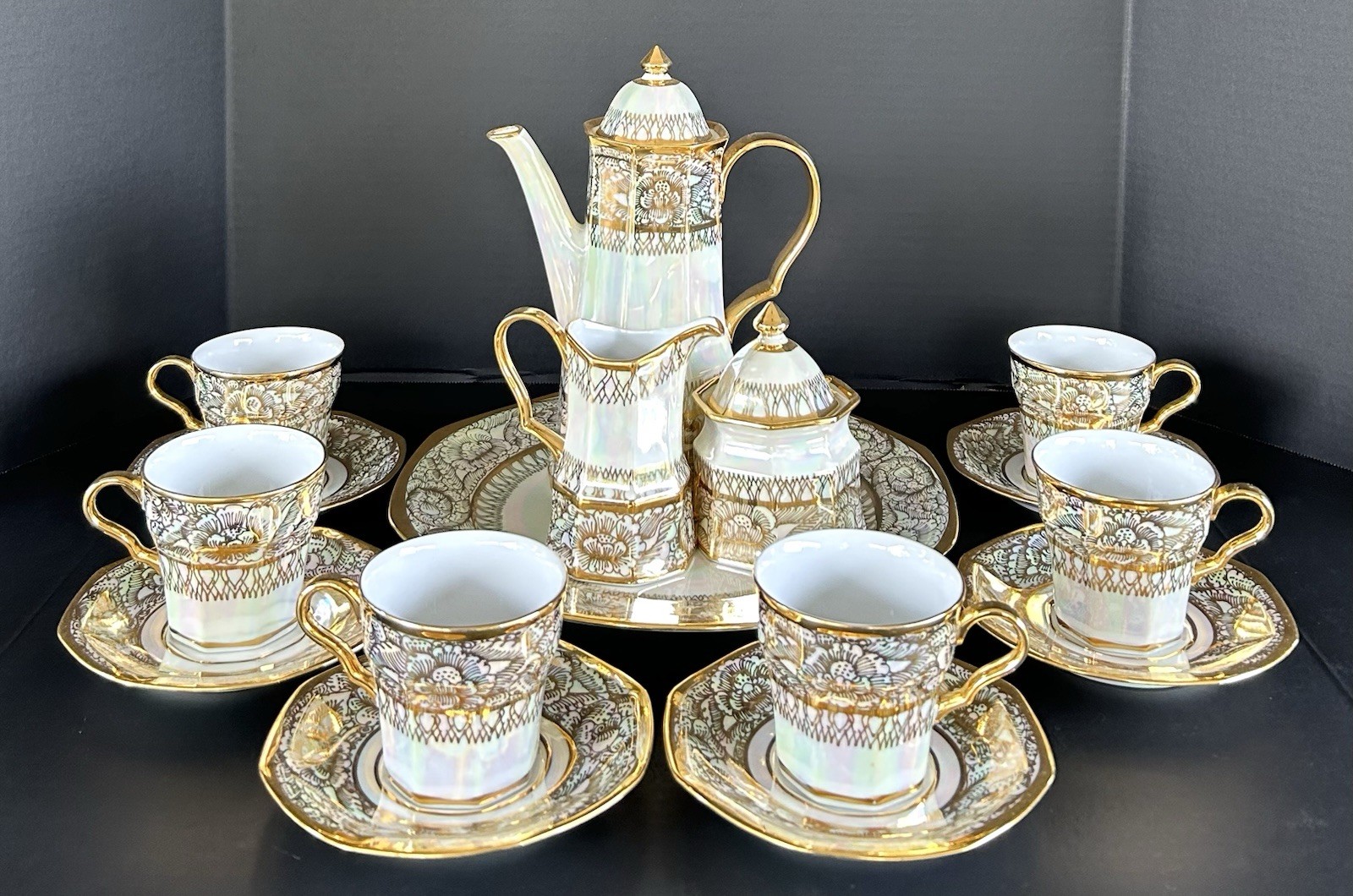 Asian Thai Benjarong Tea Set Opalescent Hand Painted 18k Gold Lotus Flowers