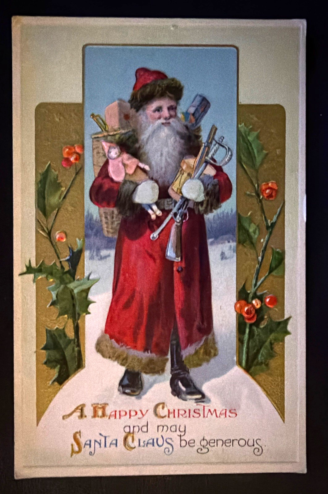 Long Robe Santa Claus  with Toys~Doll~Antique c.1910 ~Christmas Postcard-s520