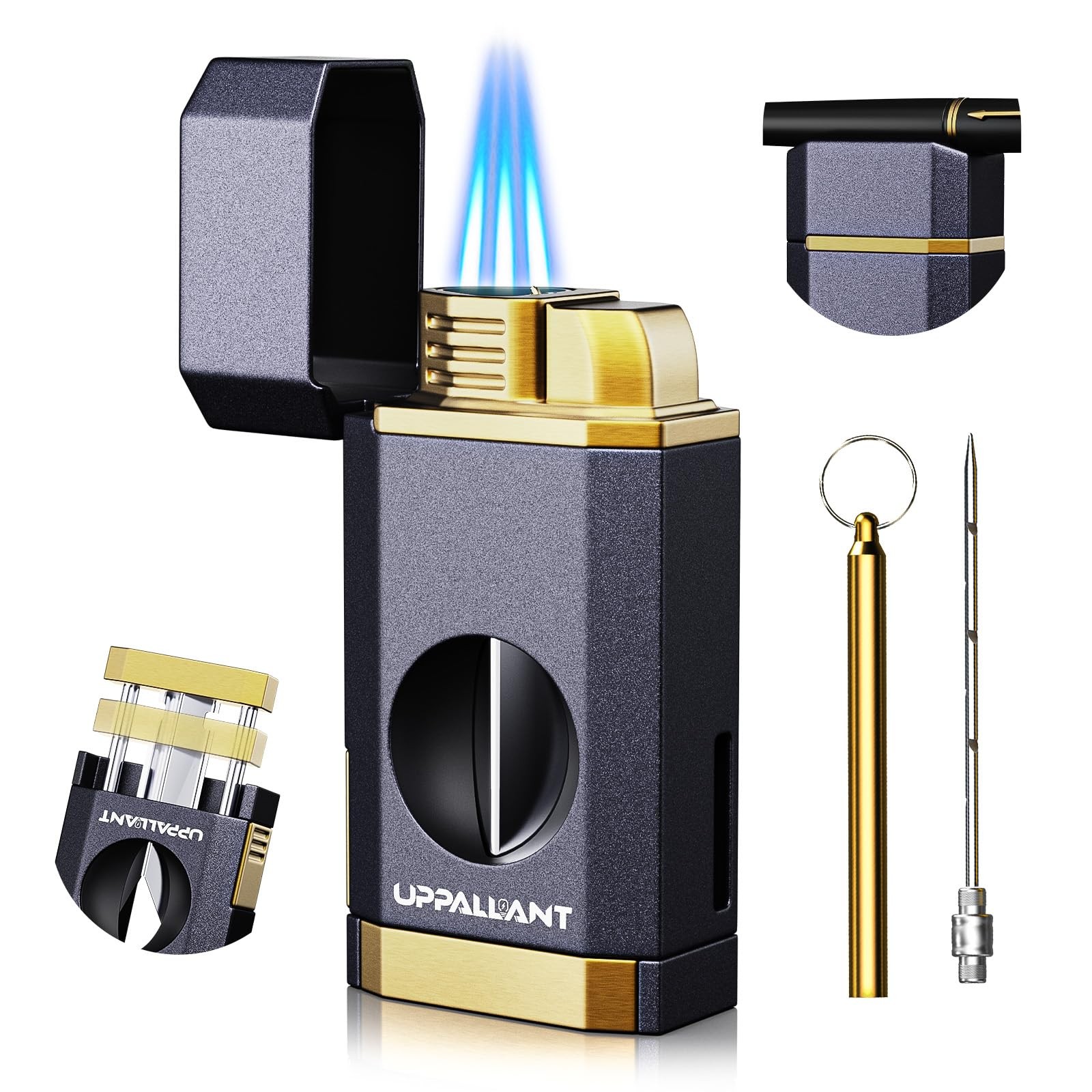 Triple Flame Torch Lighter with Builtin V Cutter, Holder and Draw Enhancer To...