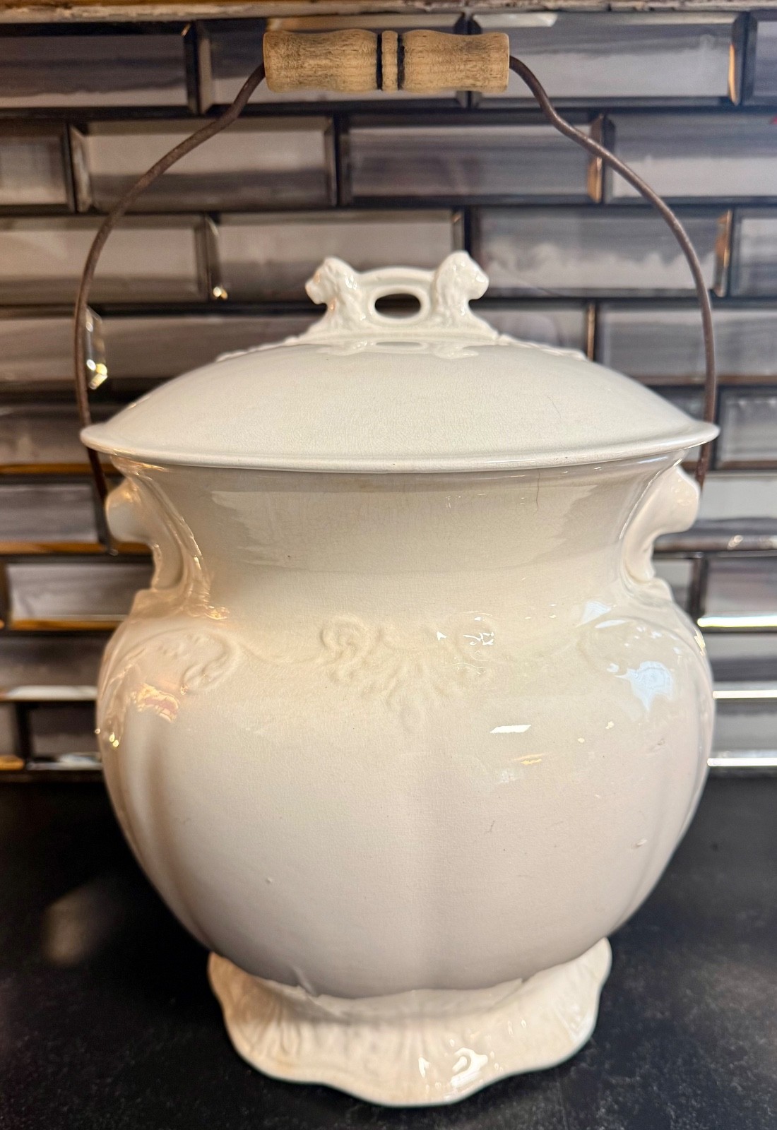 Antique Hall China Co Chamber Pot Slop Jar Combinet Lid Bail Handle c1905