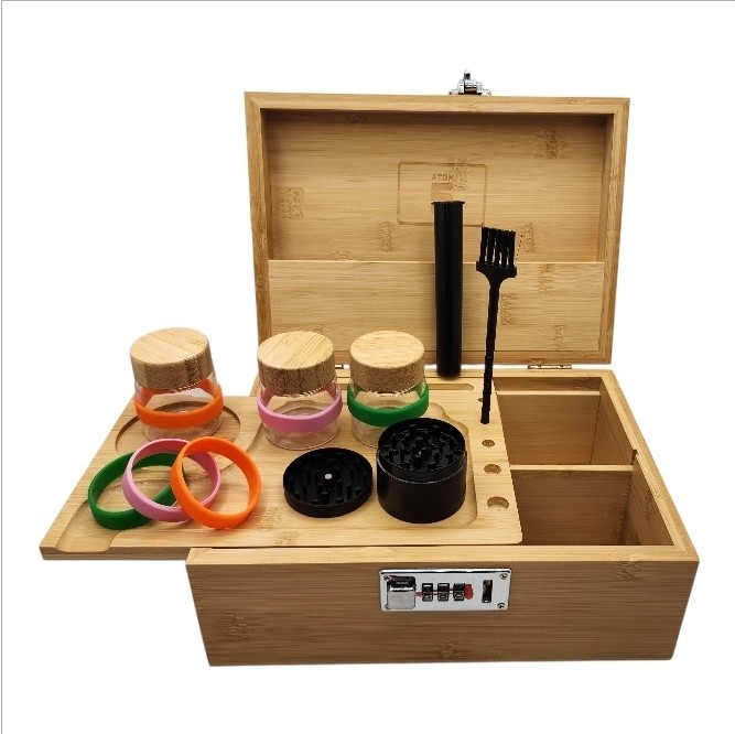 ATOM5 Premium Bamboo Storage Box Locking Organizer Combo Lock Wooden Case Tray