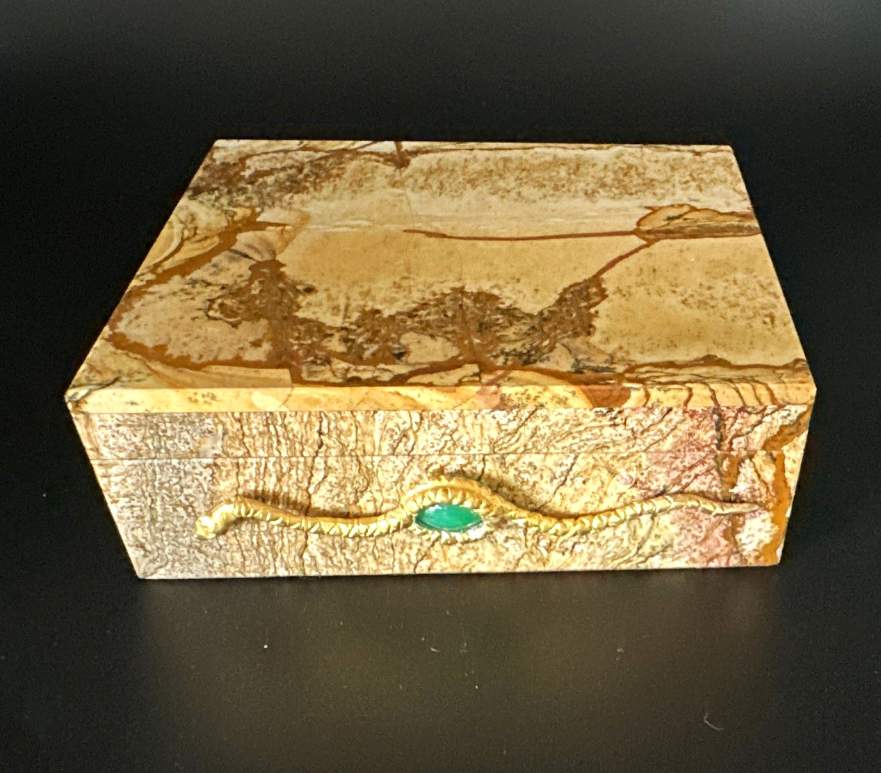  Picture Jasper jewelry Box with a sterling silver vermeil/jade serpent 