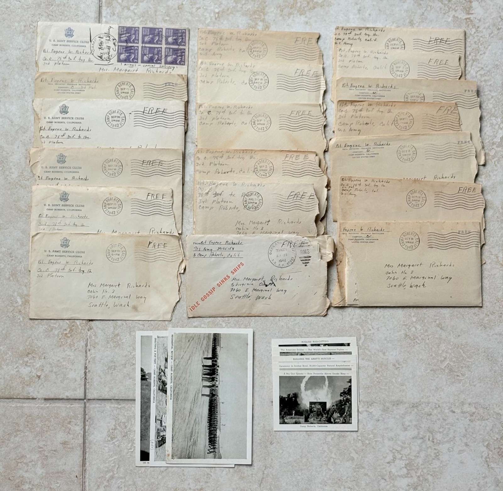 World War II: 1942 Camp Roberts CA - 19 Letters, 3 Postcards and 5 Photo Cards