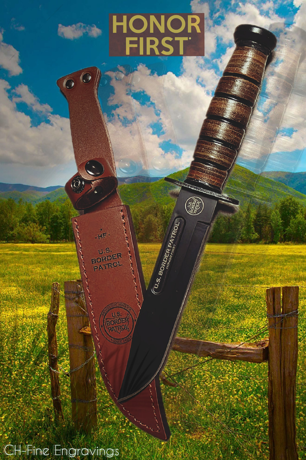 U.S Border Patrol Tribute Combat Knife with Leather Sheath | 12in Premium Knife