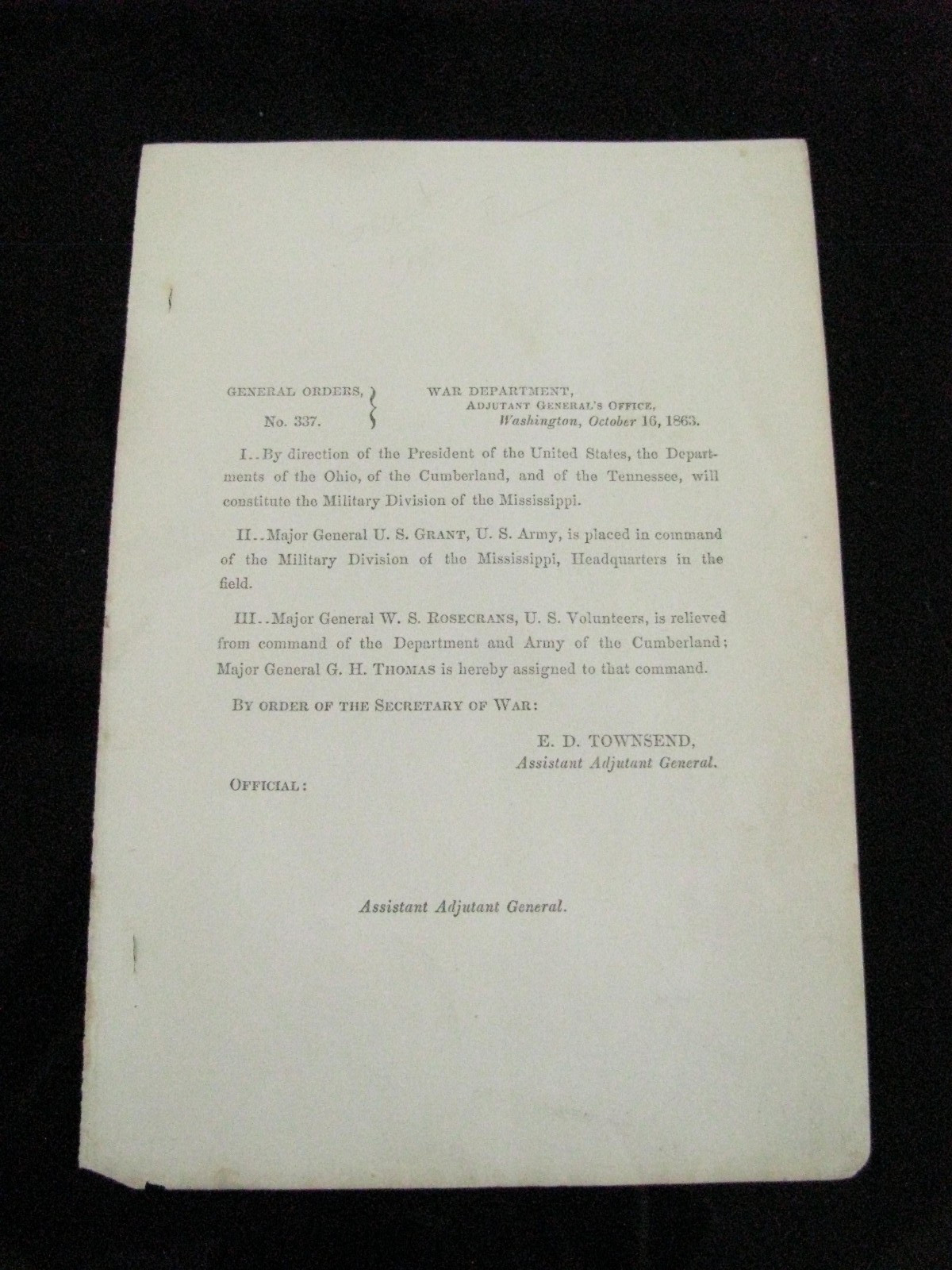 GENERAL GRANT TAKES COMMAND CIVIL WAR GENERAL ORDER