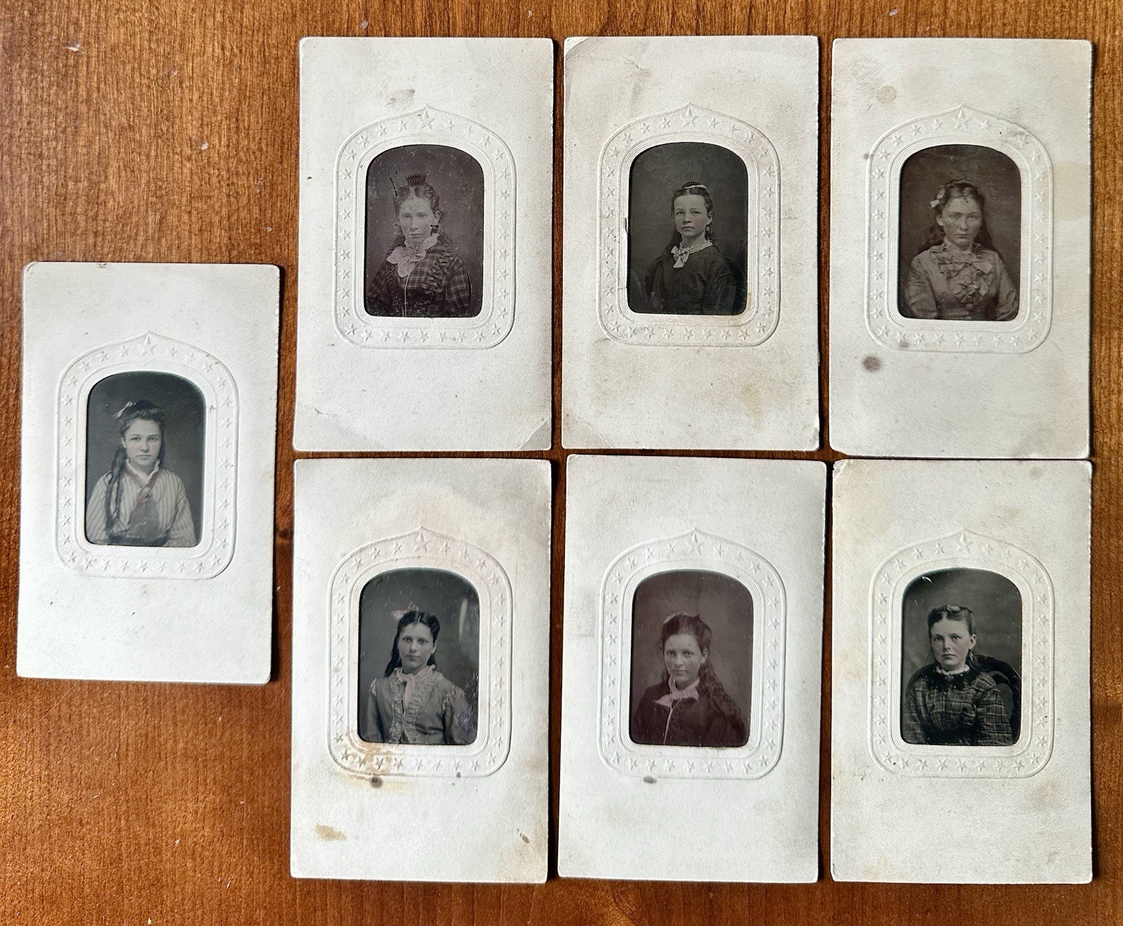 Tintype Photo Lot Little Girls Sisters Friends Patriotic Mats Tinted 1860s