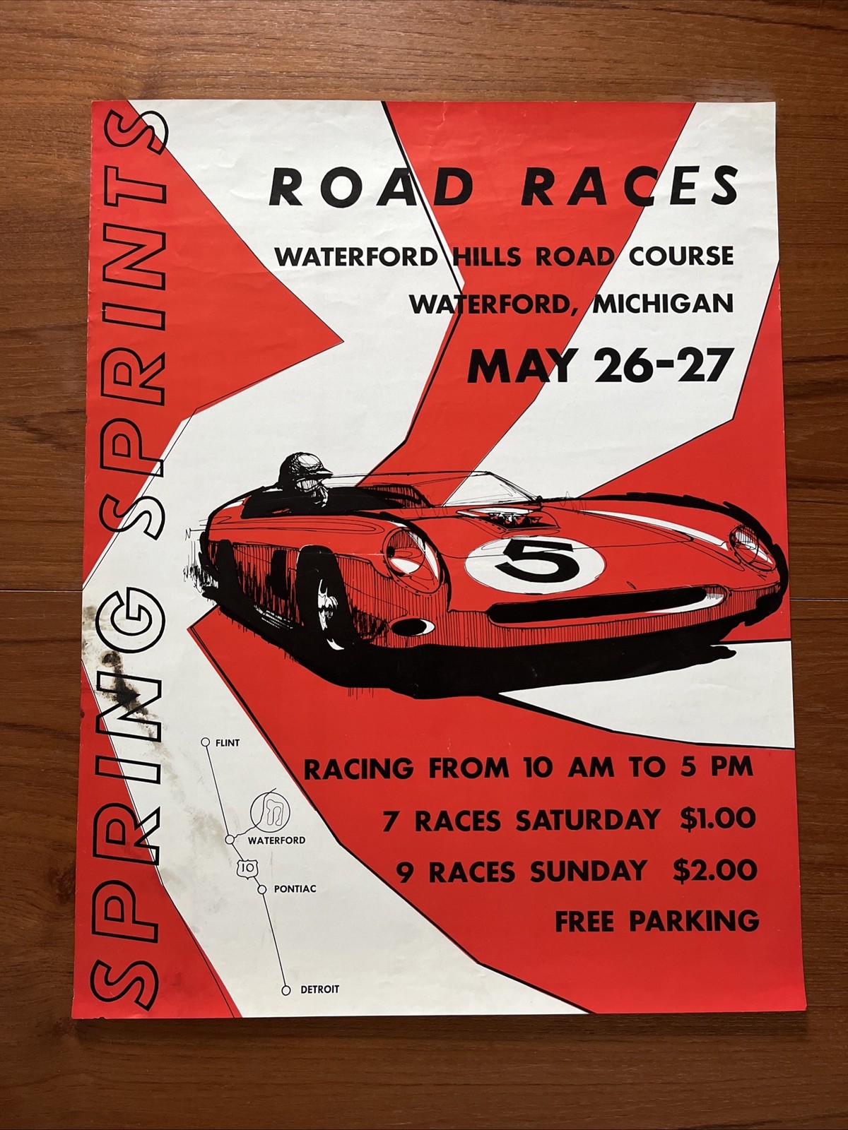 Vintage 1965 SPORTS CAR ROAD RACES Racing Poster SCCA Waterford Hills Michigan