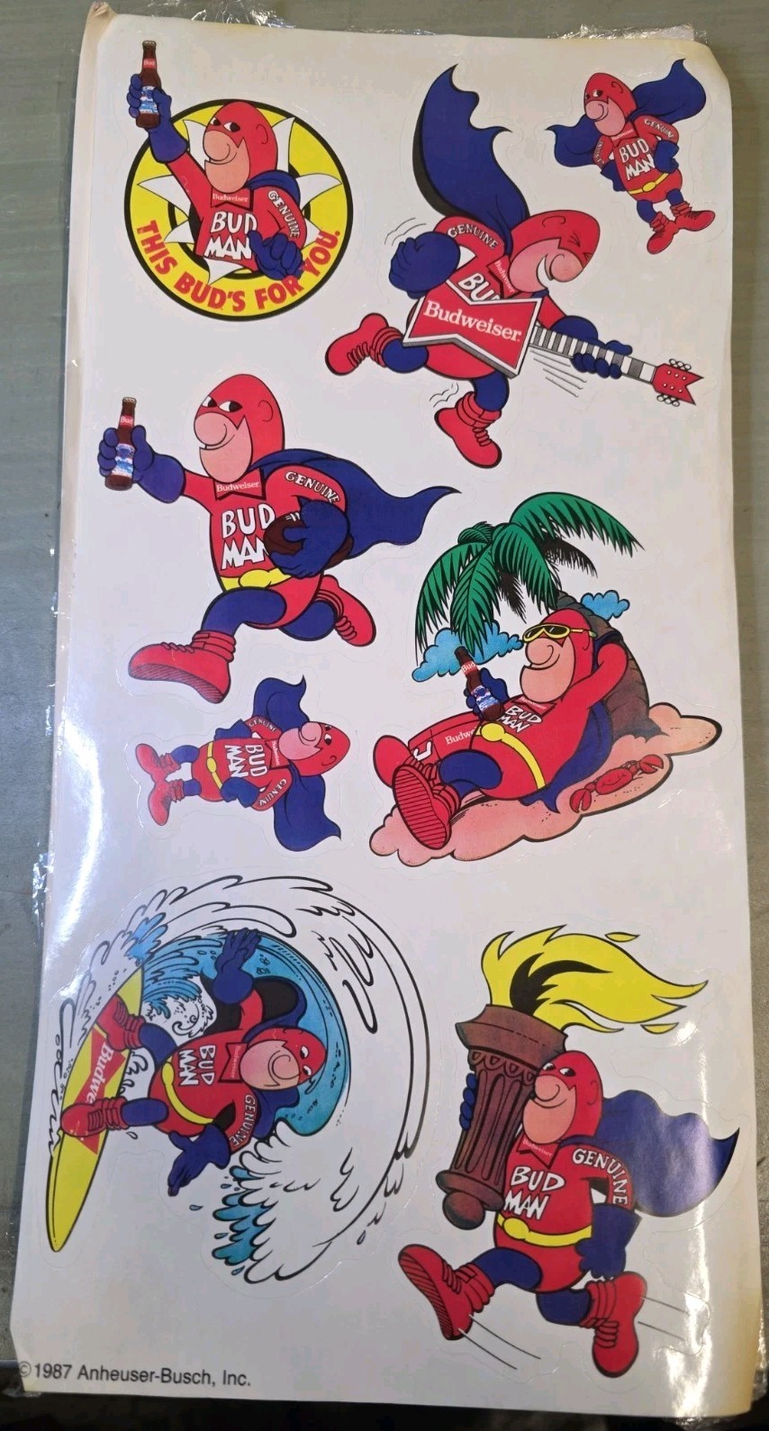 1987 Budweiser Bud Man Stickers • 50 Sheets, 8 Per Sheet • Anheuser-Busch Advert