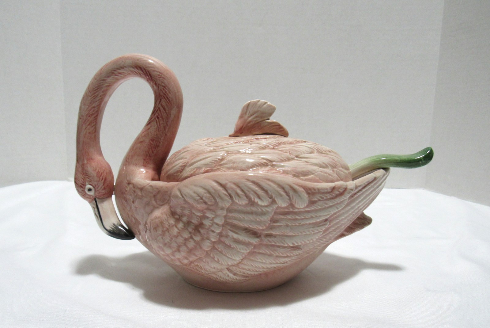 RARE, Fitz & Floyd 1986 Tropical Pink Flamingo Porcelain Tureen Sauceboat Ladle
