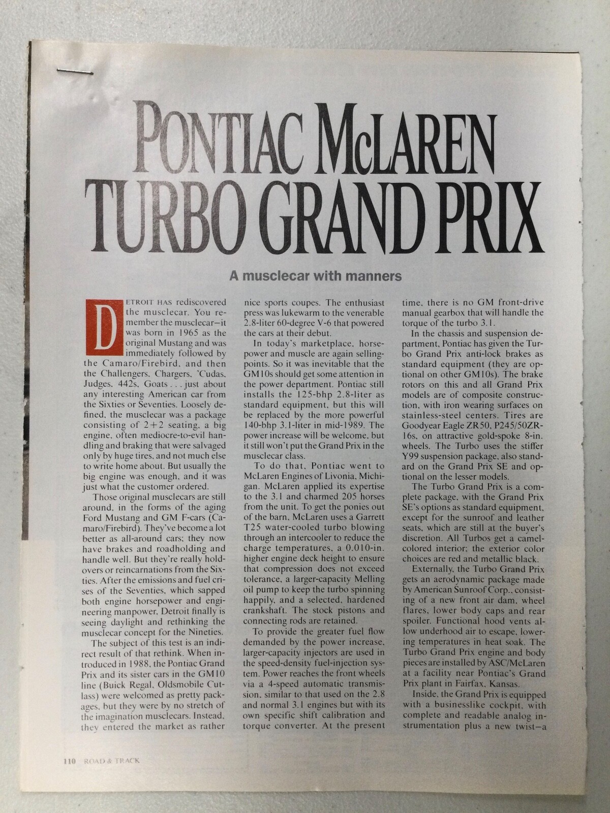 MISC1858 Vintage Article Road Test 1989 Pontiac McLaren Turbo Apr 1989 4 page