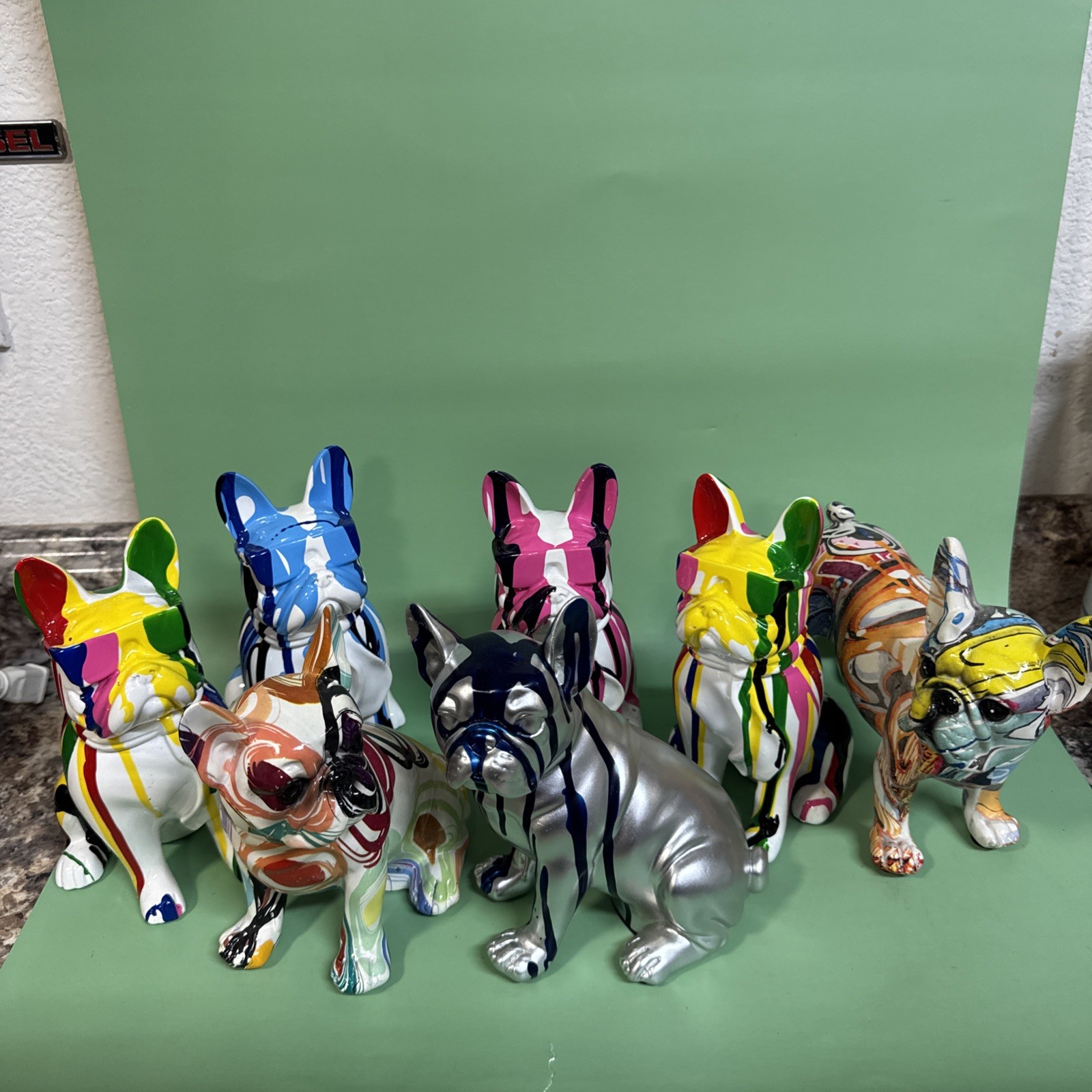Lot Of 8 Pop Art Graffiti French Bulldog Statue Figurines 8 Inch Tall Bright Col