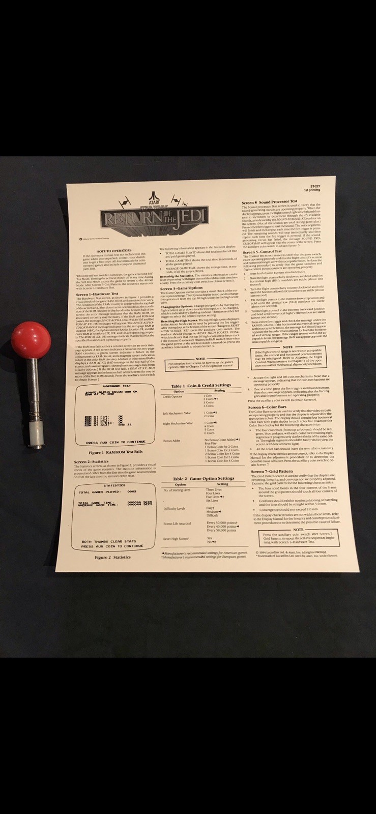 ATARI Return of Jedi Arcade Upright Back Door Sheet  Part ST-227. 1st Printing 