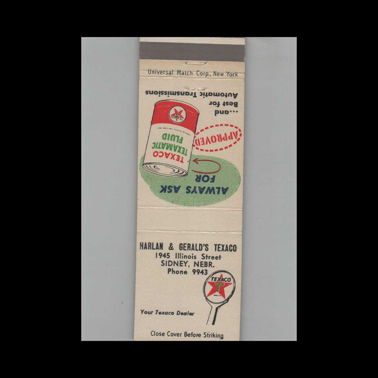 Matchbook Cover Texaco Harlan & Gerald\'s Texaco Sidney NE