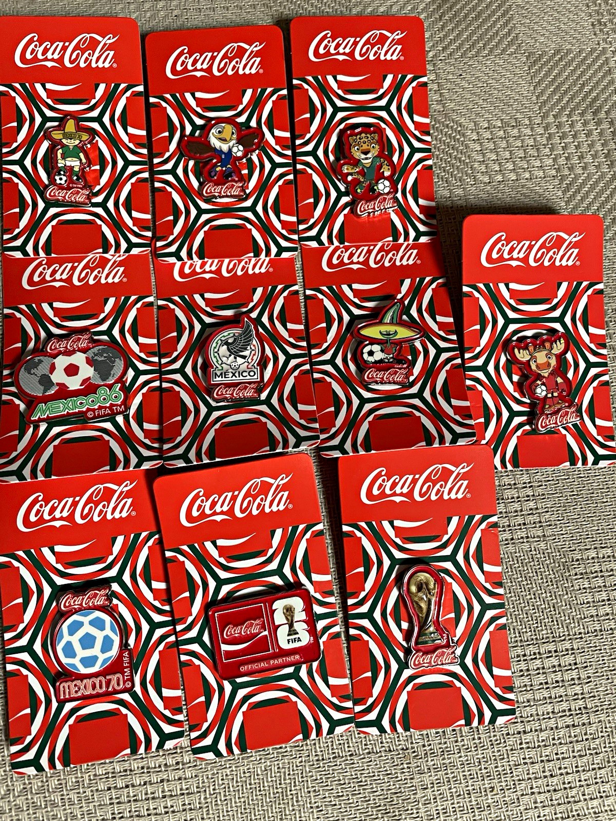 Coca-Cola Mexico FIFA Soccer Pin Set Lot on Backing Cards, Multiple Designs