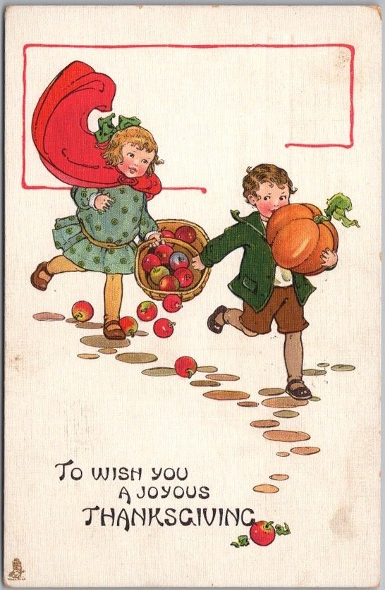 Vintage 1913 Tuck\'s THANKSGIVING Postcard Boy & Girl /Basket of Apples & Pumpkin