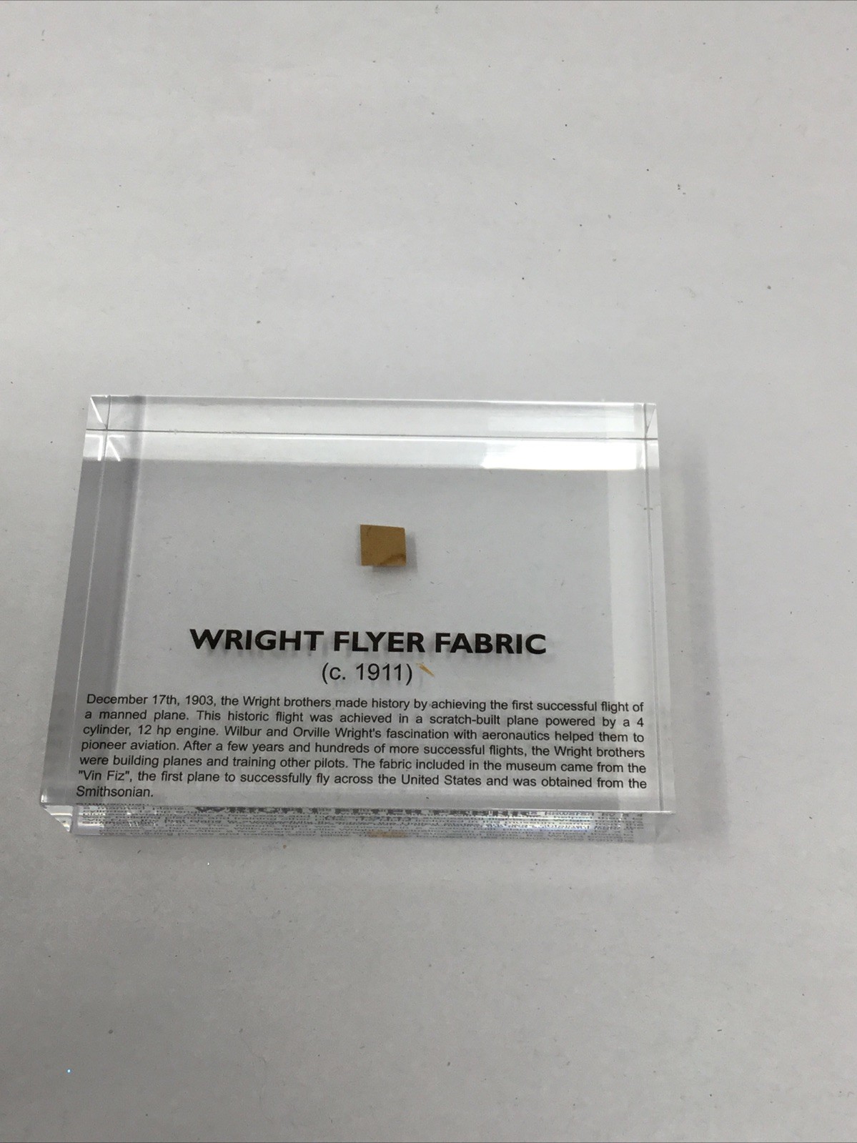 Small Wright Flyer Swatch Fabric c.1911 Encapsulated in a Lucite Acrylic Block